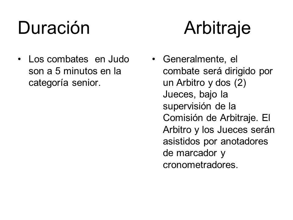 Duración Arbitraje Los combates en Judo son a 5 minutos en la categoría senior.