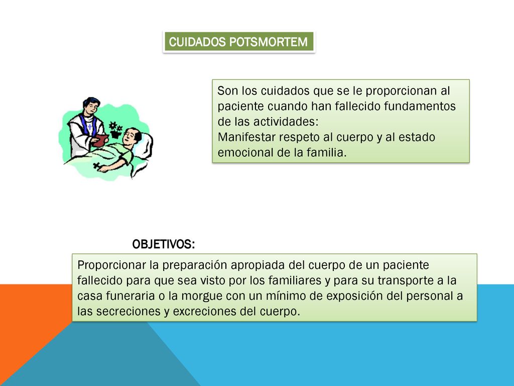 CUIDADOS POTSMORTEM Son los cuidados que se le proporcionan al paciente cuando han fallecido fundamentos de las actividades: