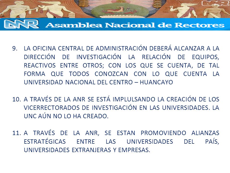 LA OFICINA CENTRAL DE ADMINISTRACIÓN DEBERÁ ALCANZAR A LA DIRECCIÓN DE INVESTIGACIÓN LA RELACIÓN DE EQUIPOS, REACTIVOS ENTRE OTROS; CON LOS QUE SE CUENTA, DE TAL FORMA QUE TODOS CONOZCAN CON LO QUE CUENTA LA UNIVERSIDAD NACIONAL DEL CENTRO – HUANCAYO