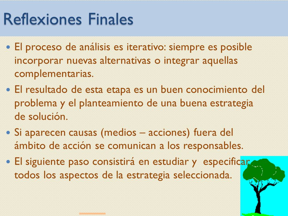 Reflexiones Finales El proceso de análisis es iterativo: siempre es posible incorporar nuevas alternativas o integrar aquellas complementarias.