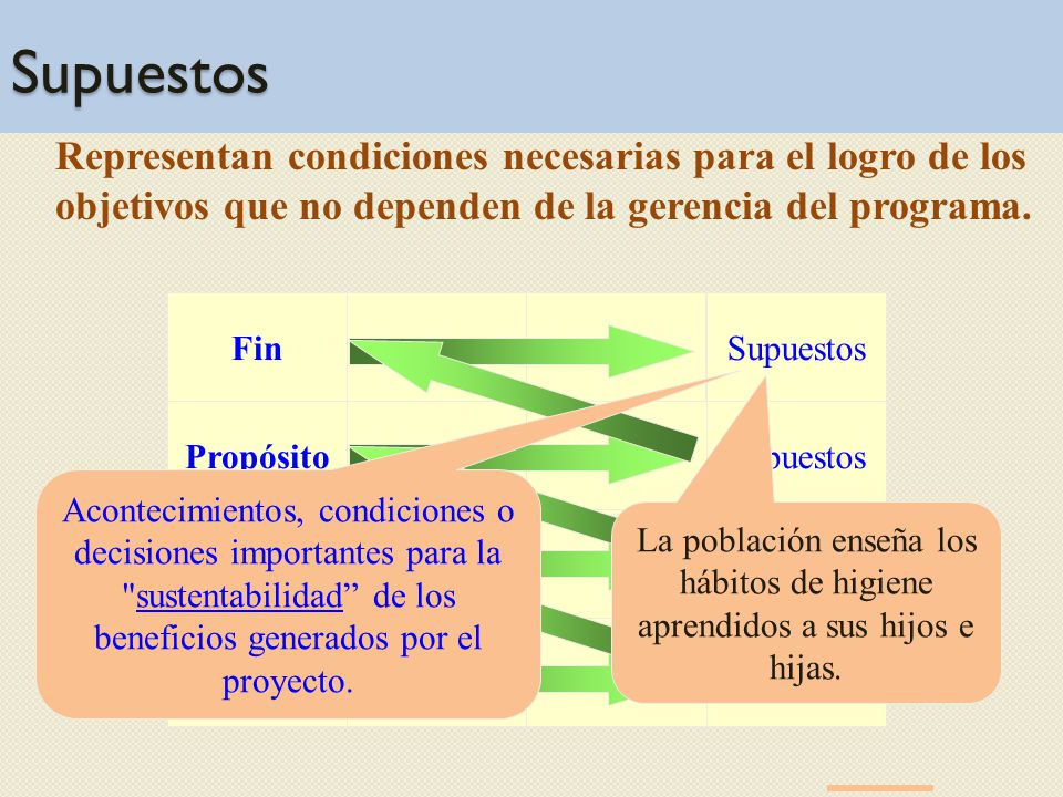 Supuestos Representan condiciones necesarias para el logro de los objetivos que no dependen de la gerencia del programa.