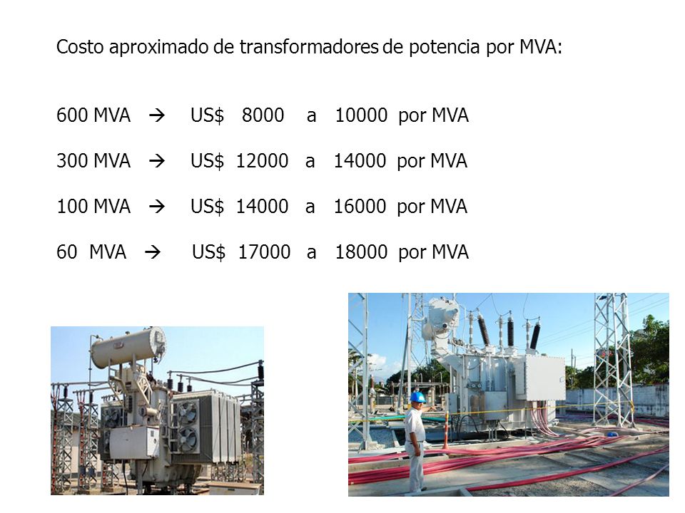 Costo aproximado de transformadores de potencia por MVA: