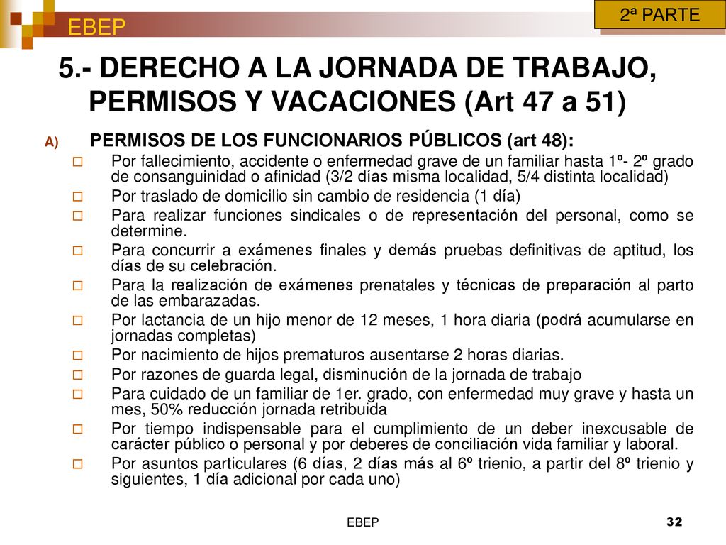 2ª PARTE 5.- DERECHO A LA JORNADA DE TRABAJO, PERMISOS Y VACACIONES (Art 47 a 51) PERMISOS DE LOS FUNCIONARIOS PÚBLICOS (art 48):