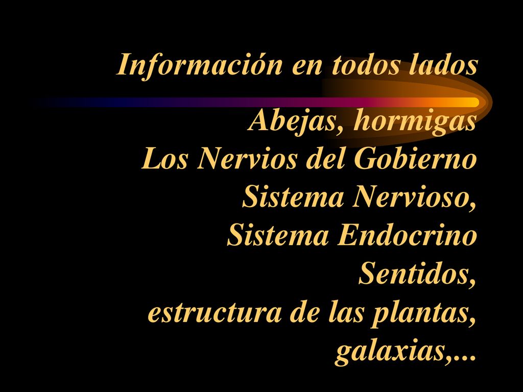 Información en todos lados Abejas, hormigas Los Nervios del Gobierno Sistema Nervioso, Sistema Endocrino Sentidos, estructura de las plantas, galaxias,...