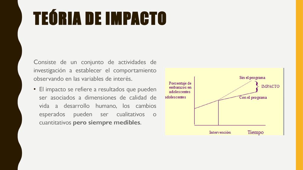 Teória de impacto Consiste de un conjunto de actividades de investigación a establecer el comportamiento observando en las variables de interés.