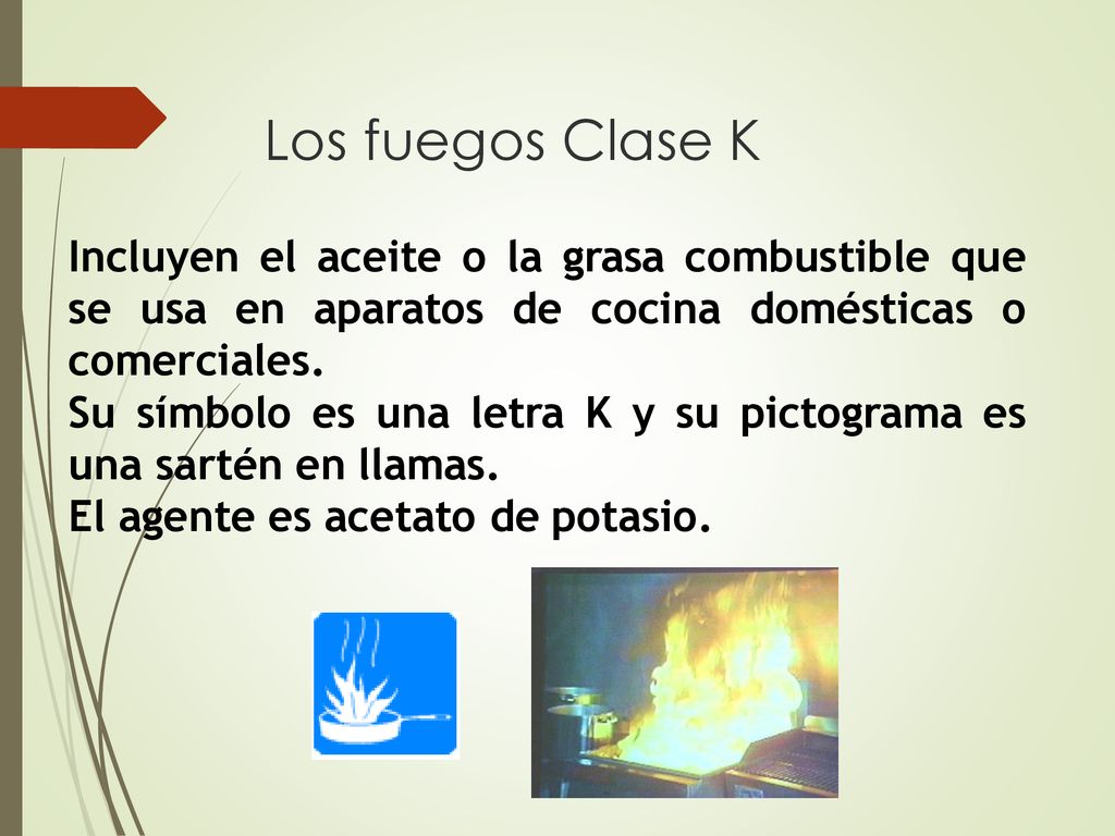 Los fuegos Clase K Incluyen el aceite o la grasa combustible que se usa en aparatos de cocina domésticas o comerciales.