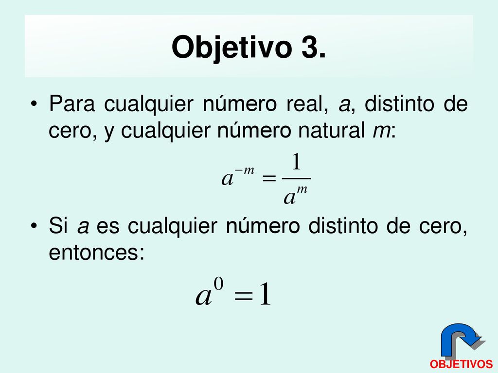 Objetivo 3. Para cualquier número real, a, distinto de cero, y cualquier número natural m: Si a es cualquier número distinto de cero, entonces:
