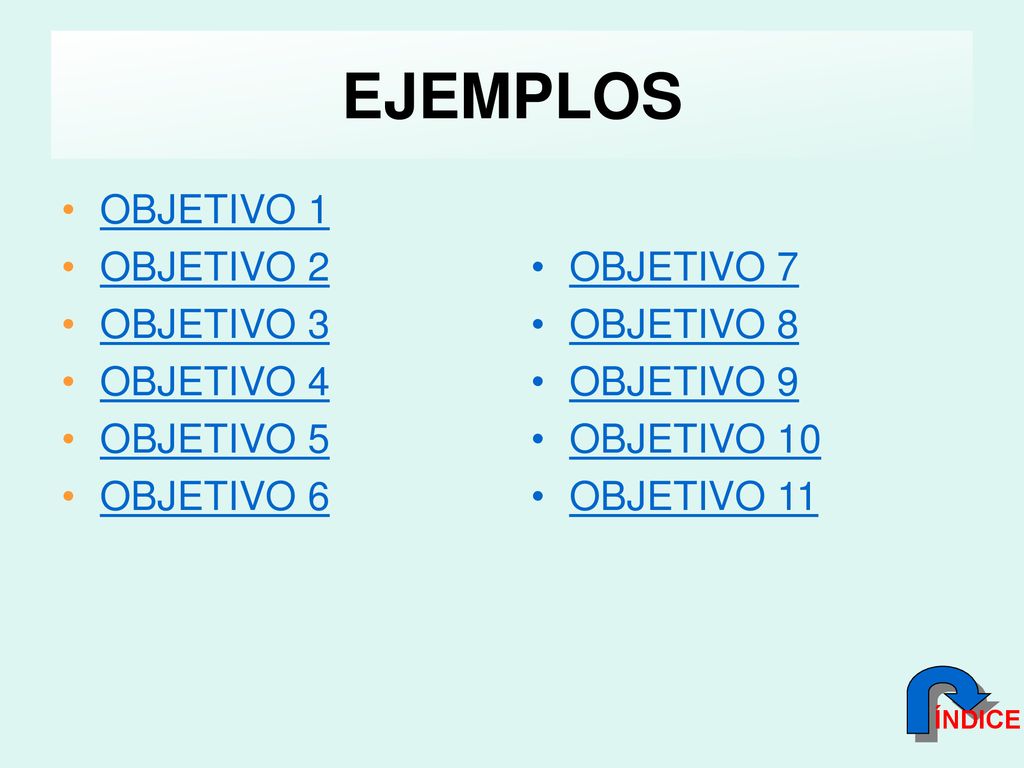 EJEMPLOS OBJETIVO 1 OBJETIVO 2 OBJETIVO 3 OBJETIVO 4 OBJETIVO 5