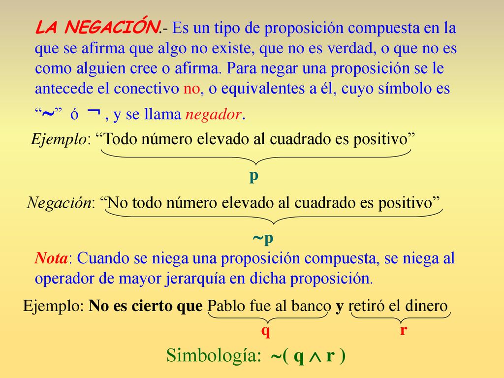 LA NEGACIÓN.- Es un tipo de proposición compuesta en la que se afirma que algo no existe, que no es verdad, o que no es como alguien cree o afirma. Para negar una proposición se le antecede el conectivo no, o equivalentes a él, cuyo símbolo es  ó ¬ , y se llama negador.