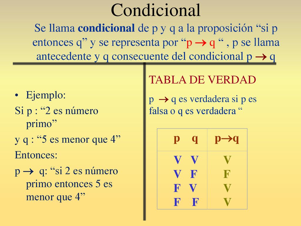 Condicional Se llama condicional de p y q a la proposición si p entonces q y se representa por p  q , p se llama antecedente y q consecuente del condicional p  q