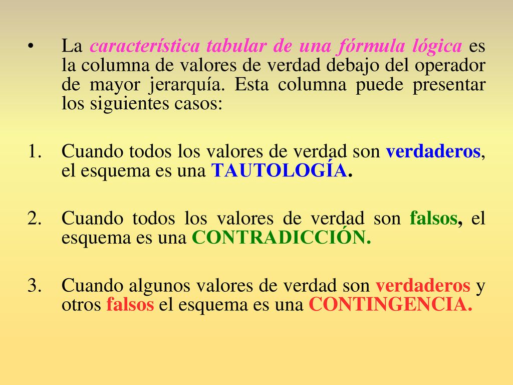 La característica tabular de una fórmula lógica es la columna de valores de verdad debajo del operador de mayor jerarquía. Esta columna puede presentar los siguientes casos: