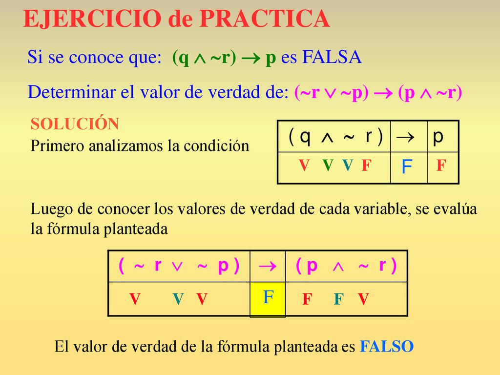 EJERCICIO de PRACTICA Si se conoce que: (q  r)  p es FALSA. Determinar el valor de verdad de: (r  p)  (p  r)
