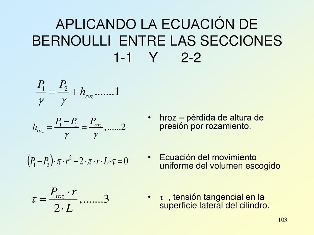 APLICANDO LA ECUACIÓN DE BERNOULLI ENTRE LAS SECCIONES 1-1 Y 2-2