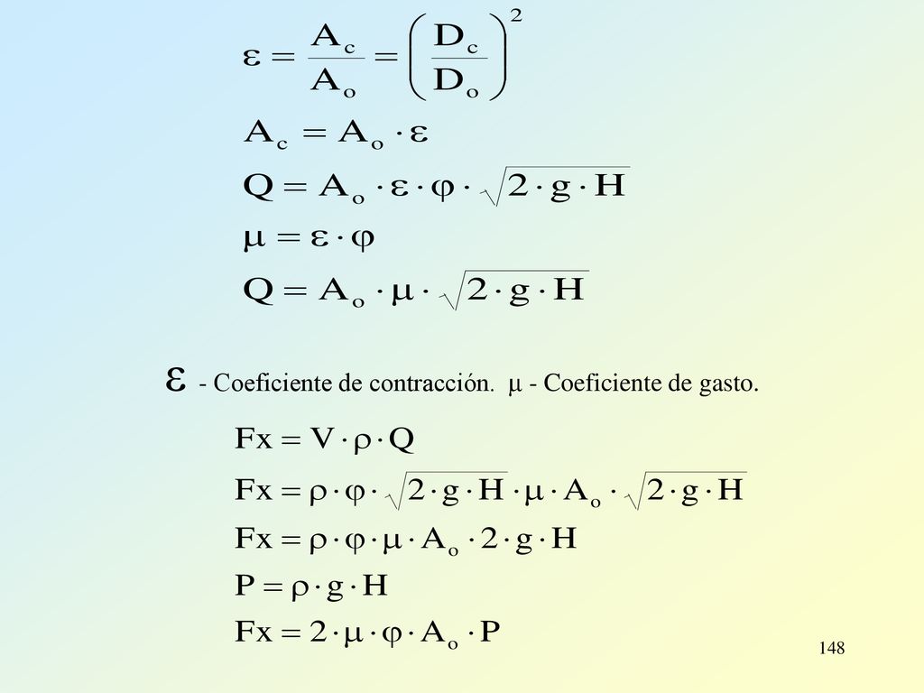 ε - Coeficiente de contracción.  - Coeficiente de gasto.