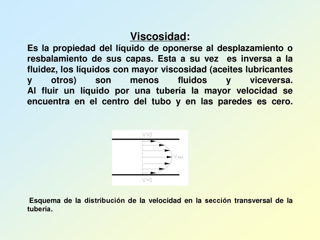 Viscosidad: Es la propiedad del líquido de oponerse al desplazamiento o resbalamiento de sus capas.