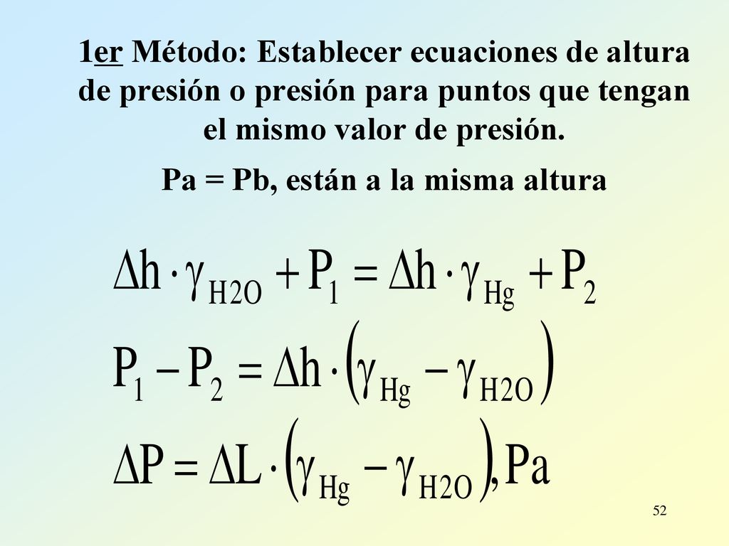 1er Método: Establecer ecuaciones de altura de presión o presión para puntos que tengan el mismo valor de presión.