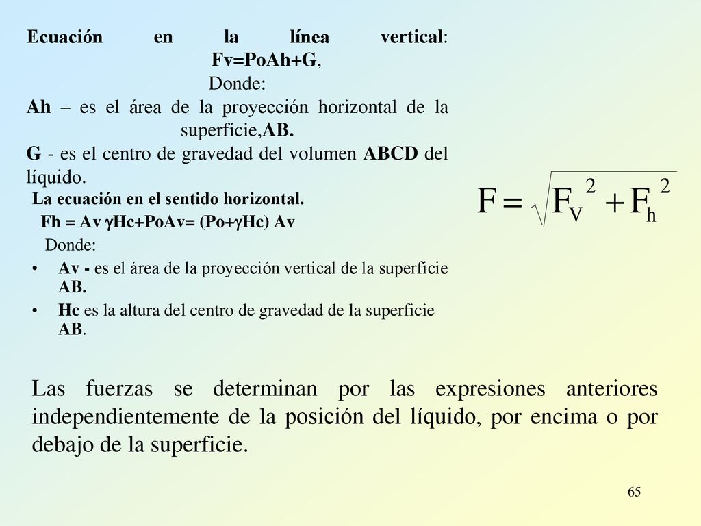Ecuación en la línea vertical: Fv=PoAh+G, Donde: Ah – es el área de la proyección horizontal de la superficie,AB. G - es el centro de gravedad del volumen ABCD del líquido.