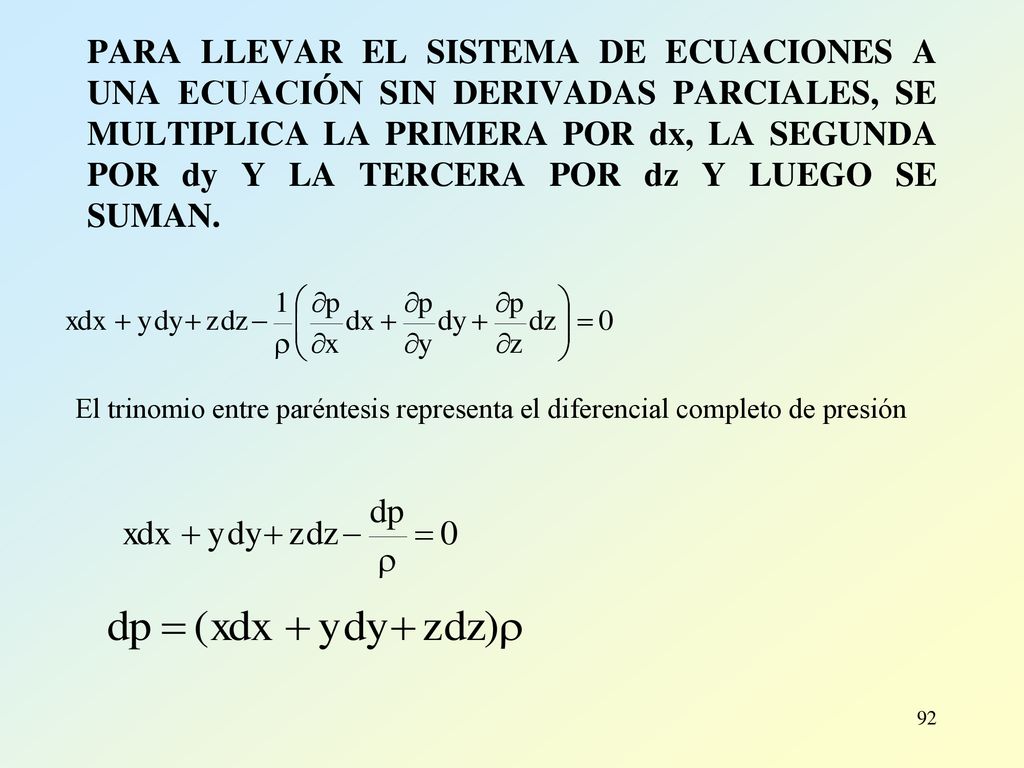 PARA LLEVAR EL SISTEMA DE ECUACIONES A UNA ECUACIÓN SIN DERIVADAS PARCIALES, SE MULTIPLICA LA PRIMERA POR dx, LA SEGUNDA POR dy Y LA TERCERA POR dz Y LUEGO SE SUMAN.