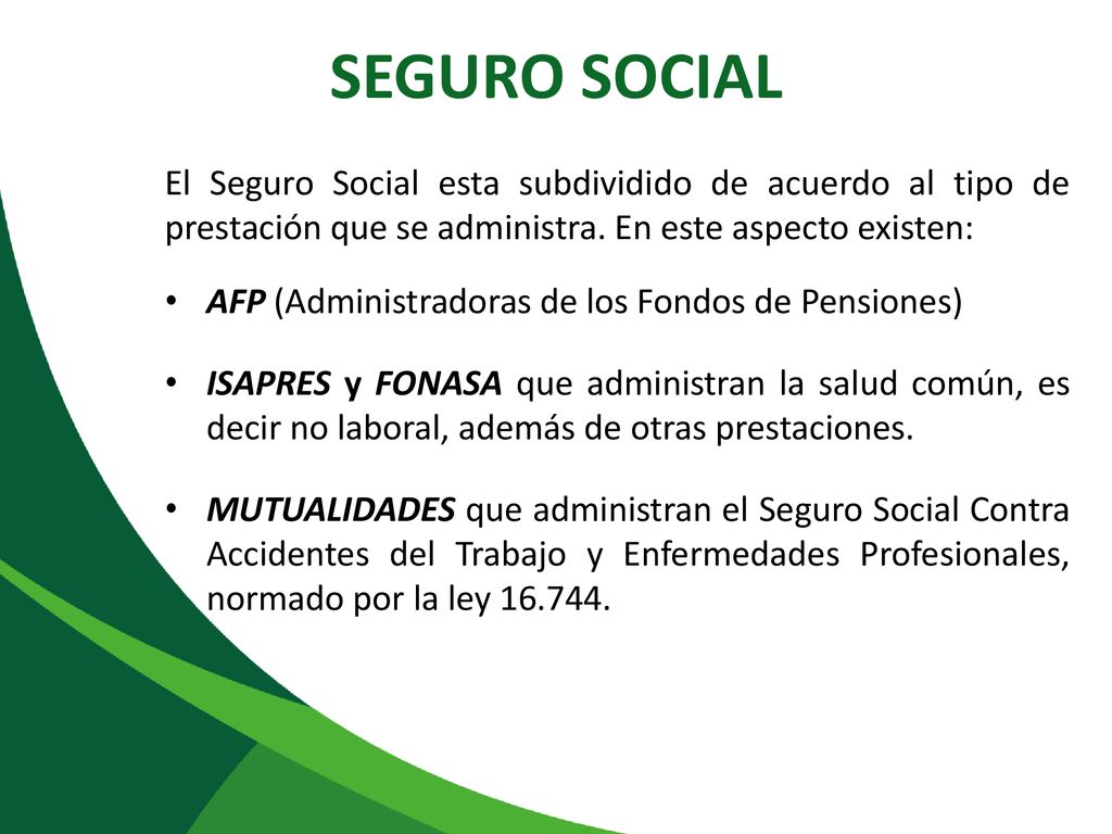 SEGURO SOCIAL El Seguro Social esta subdividido de acuerdo al tipo de prestación que se administra. En este aspecto existen: