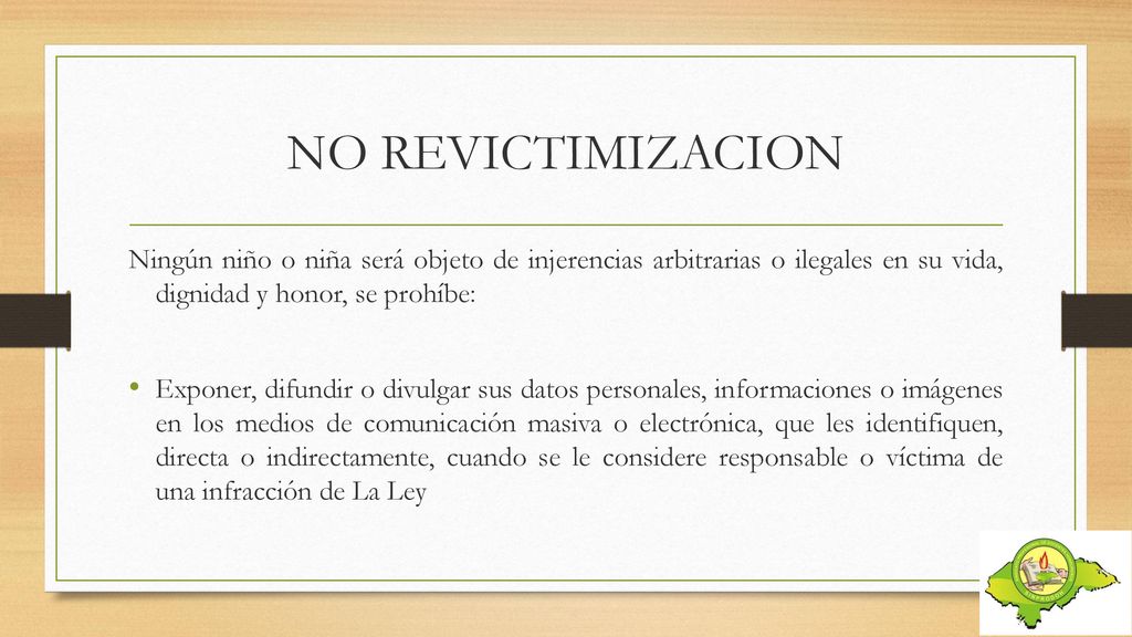 NO REVICTIMIZACION Ningún niño o niña será objeto de injerencias arbitrarias o ilegales en su vida, dignidad y honor, se prohíbe: