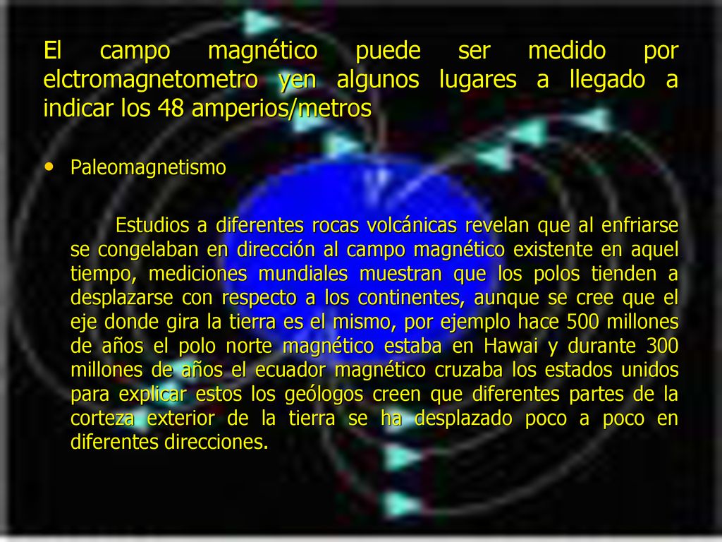 El campo magnético puede ser medido por elctromagnetometro yen algunos lugares a llegado a indicar los 48 amperios/metros