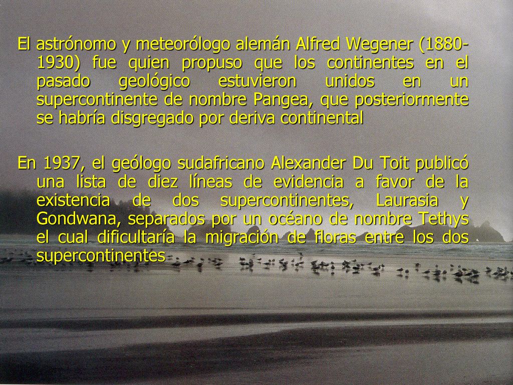 El astrónomo y meteorólogo alemán Alfred Wegener ( ) fue quien propuso que los continentes en el pasado geológico estuvieron unidos en un supercontinente de nombre Pangea, que posteriormente se habría disgregado por deriva continental