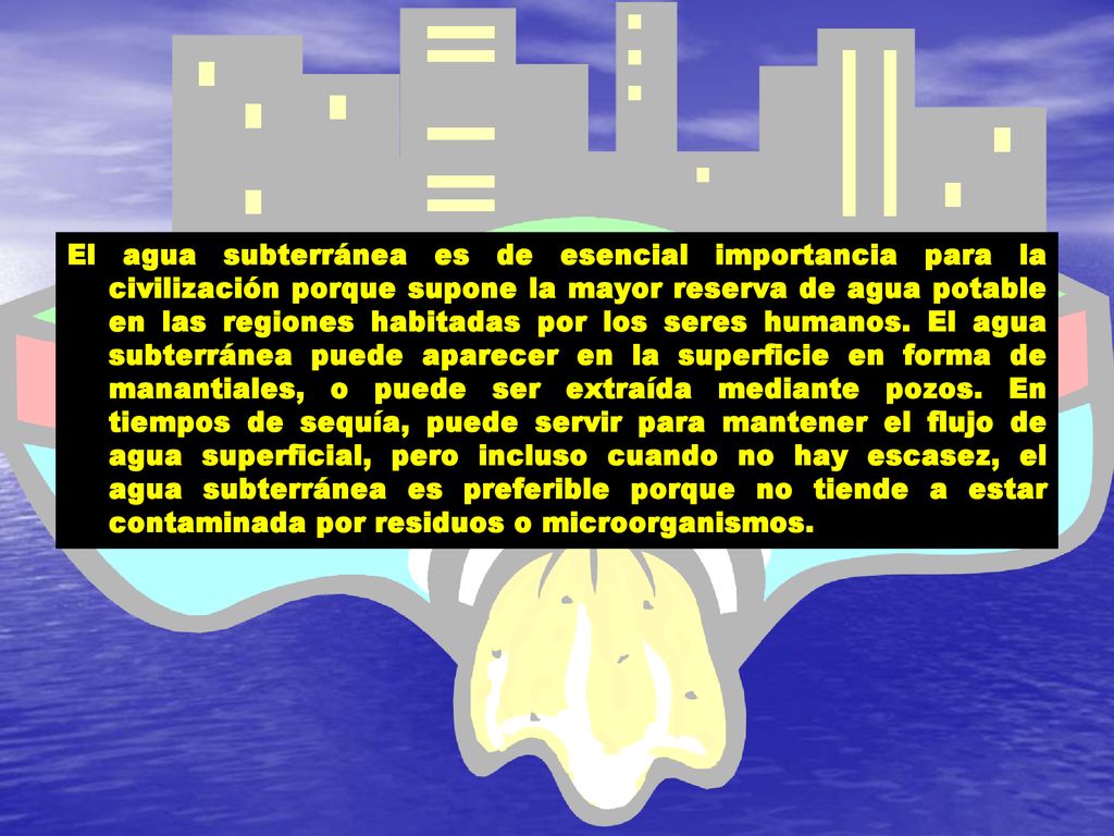 El agua subterránea es de esencial importancia para la civilización porque supone la mayor reserva de agua potable en las regiones habitadas por los seres humanos.