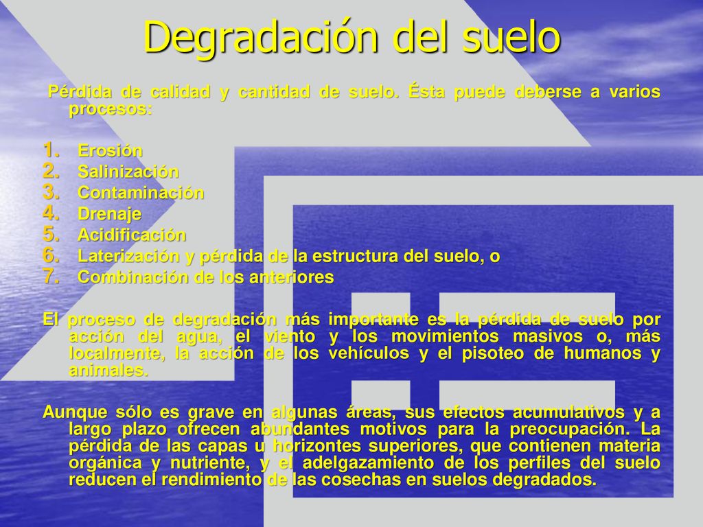 Degradación del suelo Pérdida de calidad y cantidad de suelo. Ésta puede deberse a varios procesos: