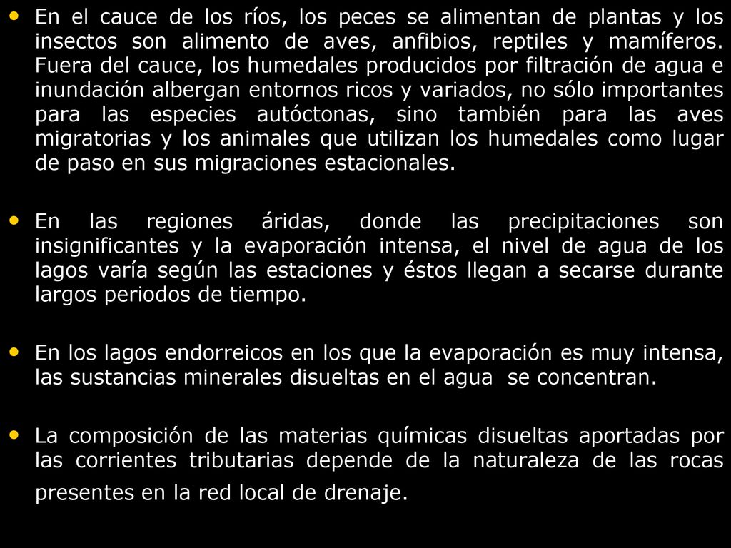 En el cauce de los ríos, los peces se alimentan de plantas y los insectos son alimento de aves, anfibios, reptiles y mamíferos. Fuera del cauce, los humedales producidos por filtración de agua e inundación albergan entornos ricos y variados, no sólo importantes para las especies autóctonas, sino también para las aves migratorias y los animales que utilizan los humedales como lugar de paso en sus migraciones estacionales.