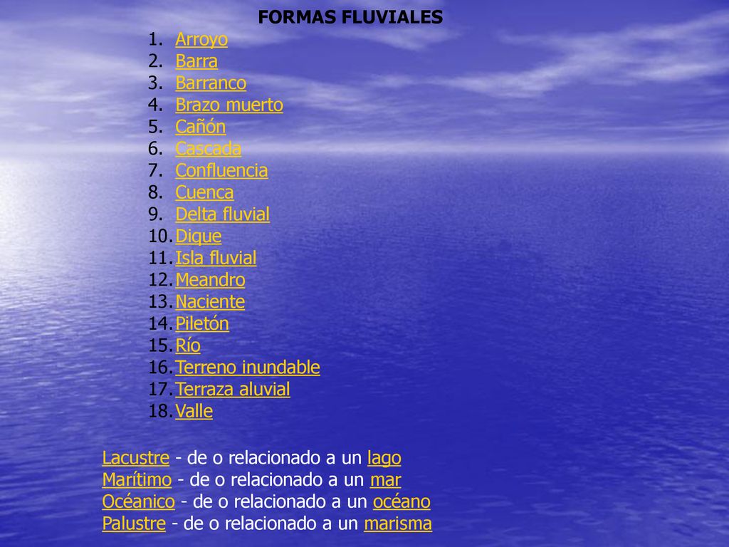 FORMAS FLUVIALES Arroyo. Barra. Barranco. Brazo muerto. Cañón. Cascada. Confluencia. Cuenca.