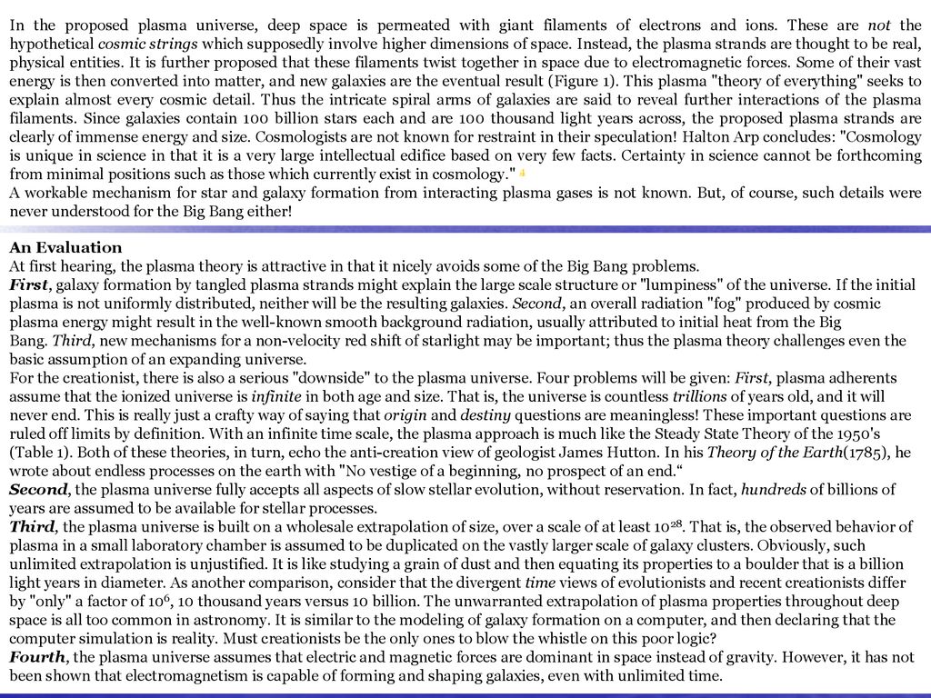 In the proposed plasma universe, deep space is permeated with giant filaments of electrons and ions. These are not the hypothetical cosmic strings which supposedly involve higher dimensions of space. Instead, the plasma strands are thought to be real, physical entities. It is further proposed that these filaments twist together in space due to electromagnetic forces. Some of their vast energy is then converted into matter, and new galaxies are the eventual result (Figure 1). This plasma theory of everything seeks to explain almost every cosmic detail. Thus the intricate spiral arms of galaxies are said to reveal further interactions of the plasma filaments. Since galaxies contain 100 billion stars each and are 100 thousand light years across, the proposed plasma strands are clearly of immense energy and size. Cosmologists are not known for restraint in their speculation! Halton Arp concludes: Cosmology is unique in science in that it is a very large intellectual edifice based on very few facts. Certainty in science cannot be forthcoming from minimal positions such as those which currently exist in cosmology. 4