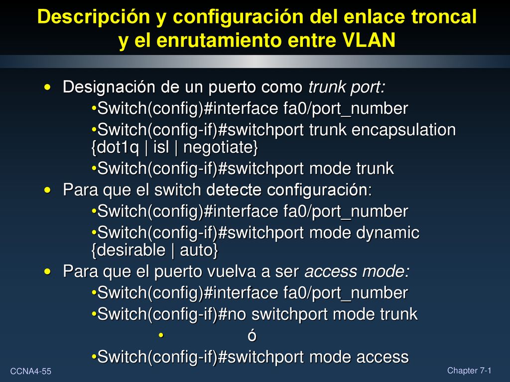 Descripción y configuración del enlace troncal y el enrutamiento entre VLAN