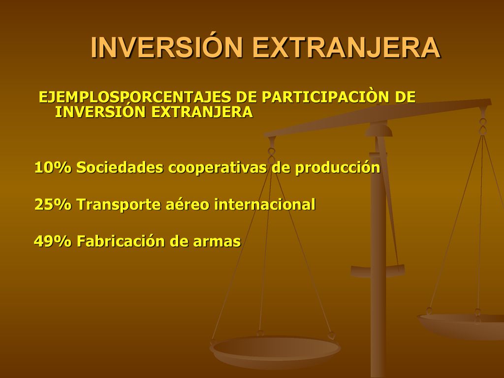 INVERSIÓN EXTRANJERA EJEMPLOSPORCENTAJES DE PARTICIPACIÒN DE INVERSIÓN EXTRANJERA. 10% Sociedades cooperativas de producción.