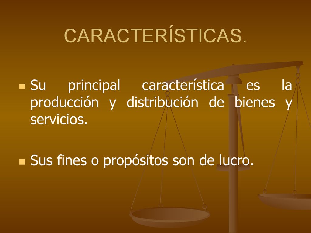 CARACTERÍSTICAS. Su principal característica es la producción y distribución de bienes y servicios.