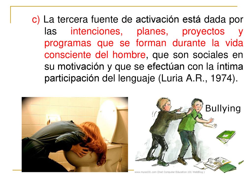 c) La tercera fuente de activación está dada por las intenciones, planes, proyectos y programas que se forman durante la vida consciente del hombre, que son sociales en su motivación y que se efectúan con la íntima participación del lenguaje (Luria A.R., 1974).