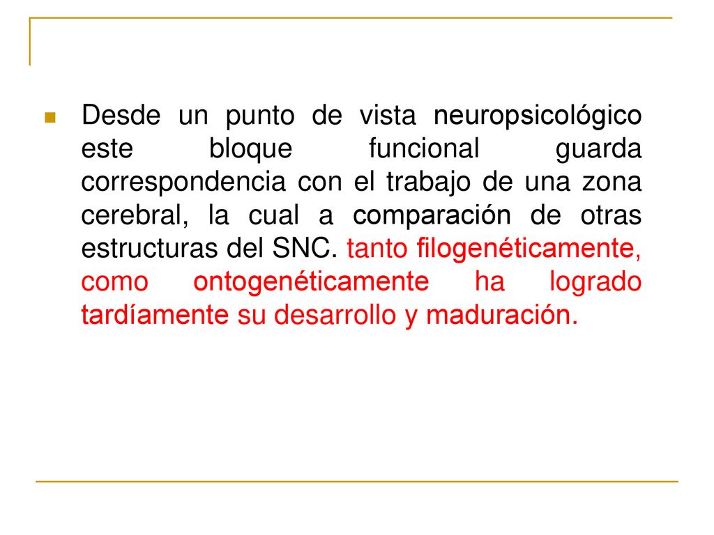 Desde un punto de vista neuropsicológico este bloque funcional guarda correspondencia con el trabajo de una zona cerebral, la cual a comparación de otras estructuras del SNC.