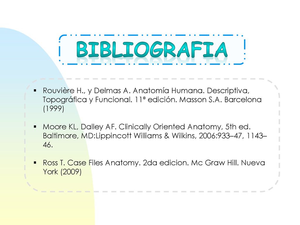 BIBLIOGRAFIA Rouvière H., y Delmas A. Anatomía Humana. Descriptiva, Topográfica y Funcional. 11ª edición. Masson S.A. Barcelona (1999)
