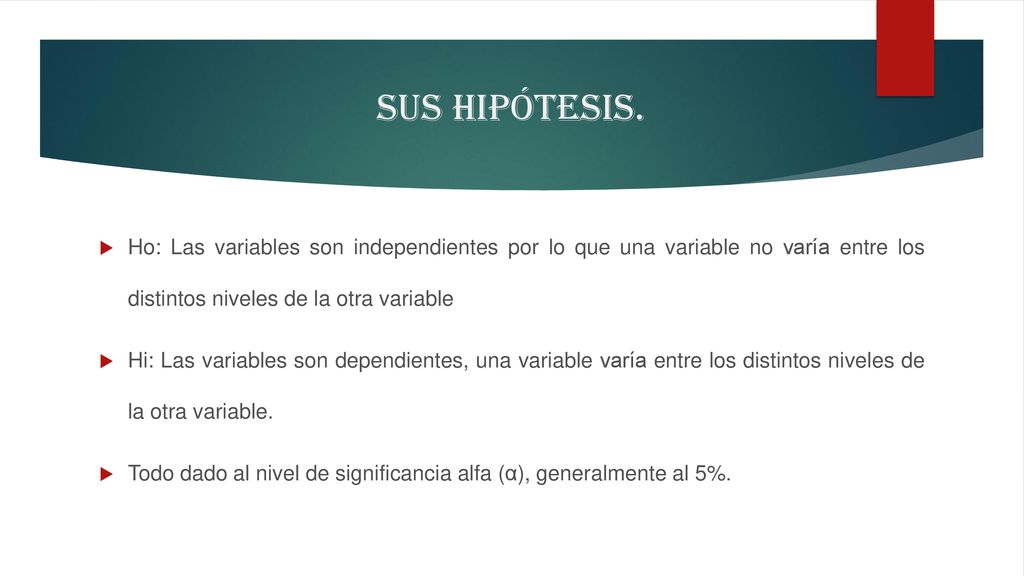 Sus hipótesis. Ho: Las variables son independientes por lo que una variable no varía entre los distintos niveles de la otra variable.
