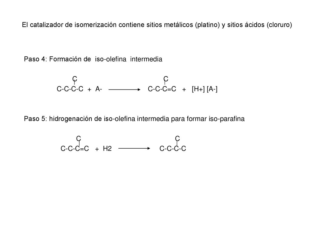 El catalizador de isomerización contiene sitios metálicos (platino) y sitios ácidos (cloruro)