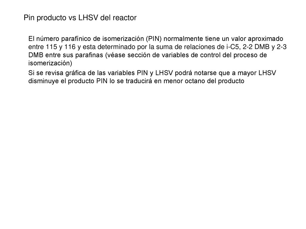 Pin producto vs LHSV del reactor