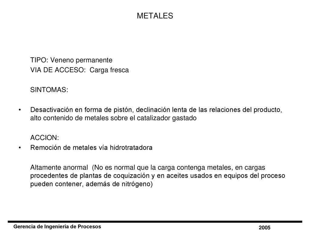 METALES TIPO: Veneno permanente VIA DE ACCESO: Carga fresca SINTOMAS: