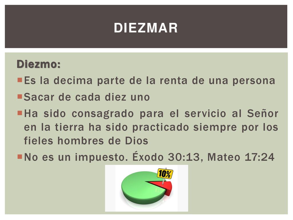 DIEZMAR Diezmo: Es la decima parte de la renta de una persona