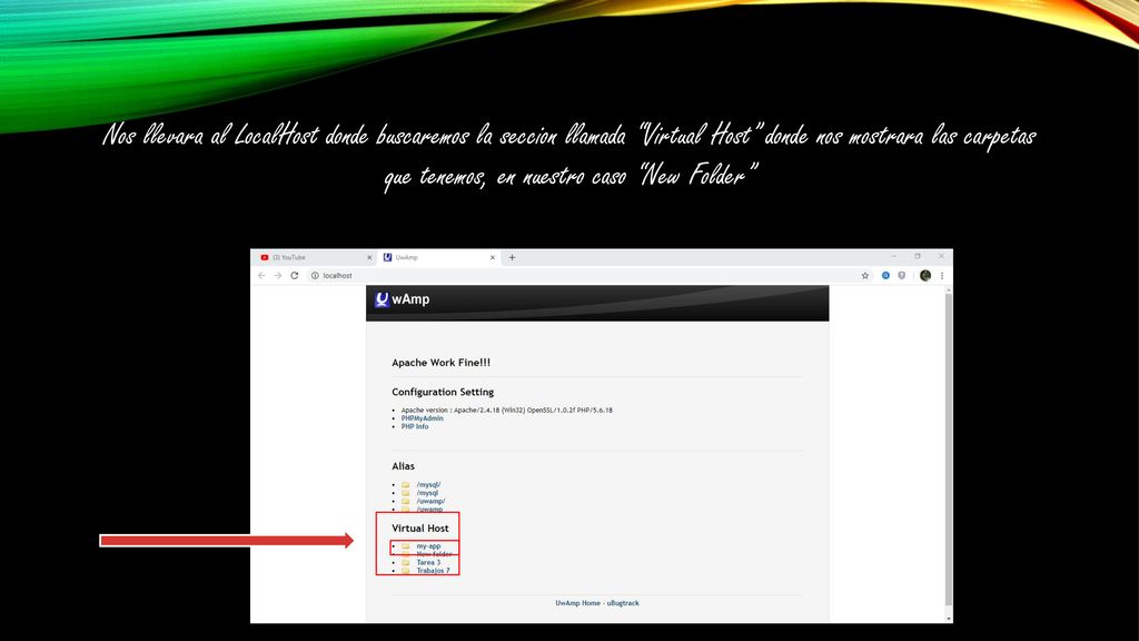 Nos llevara al LocalHost donde buscaremos la seccion llamada Virtual Host donde nos mostrara las carpetas que tenemos, en nuestro caso New Folder