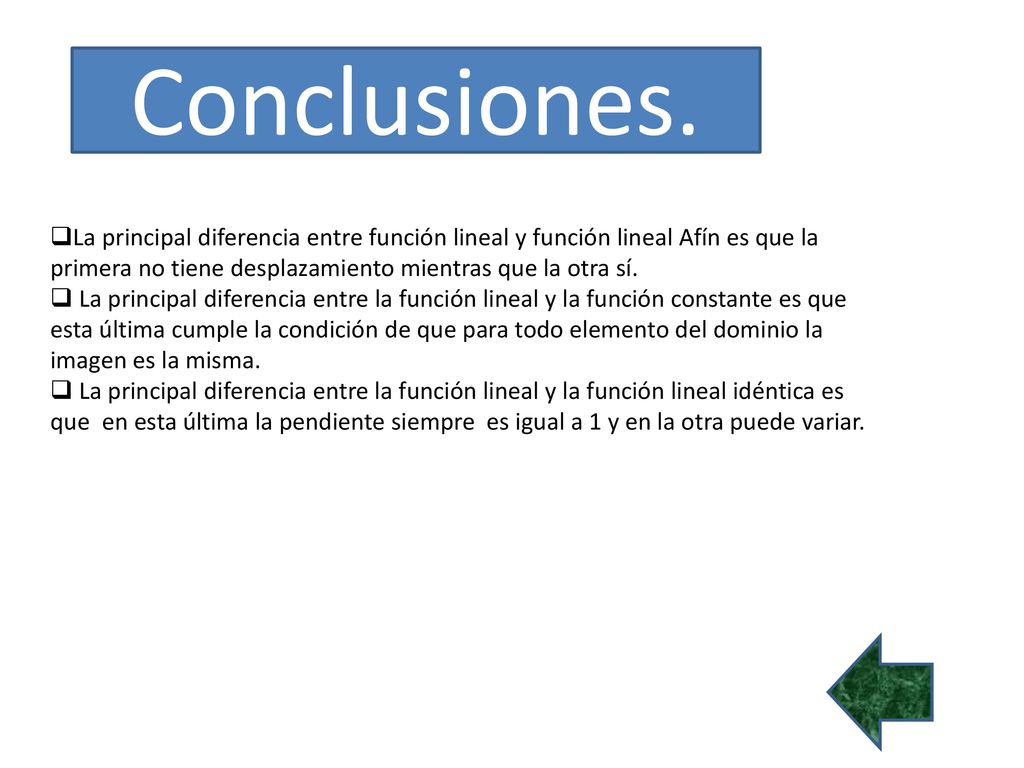Conclusiones. La principal diferencia entre función lineal y función lineal Afín es que la primera no tiene desplazamiento mientras que la otra sí.