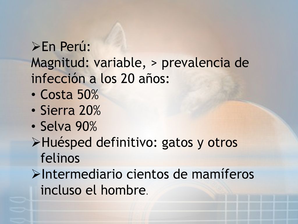 En Perú: Magnitud: variable, > prevalencia de infección a los 20 años: Costa 50% Sierra 20% Selva 90%