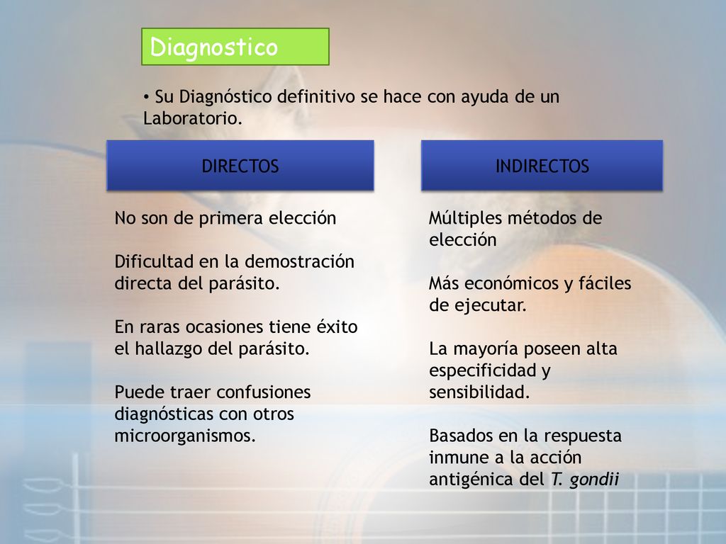 Diagnostico Su Diagnóstico definitivo se hace con ayuda de un Laboratorio. DIRECTOS. INDIRECTOS. No son de primera elección.