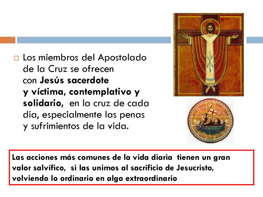 Los miembros del Apostolado de la Cruz se ofrecen con Jesús sacerdote y víctima, contemplativo y solidario, en la cruz de cada día, especialmente las penas y sufrimientos de la vida.