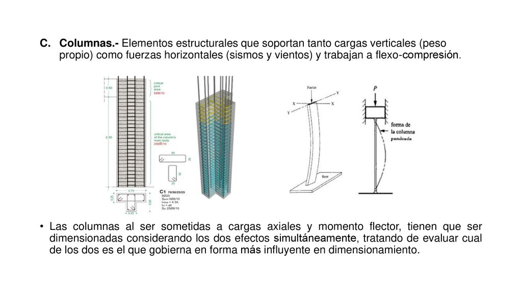 Columnas.- Elementos estructurales que soportan tanto cargas verticales (peso propio) como fuerzas horizontales (sismos y vientos) y trabajan a flexo-compresión.