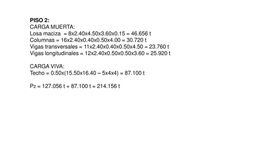 PISO 2: CARGA MUERTA: Losa maciza = 8x2. 40x4. 50x3. 60x0. 15 = 46