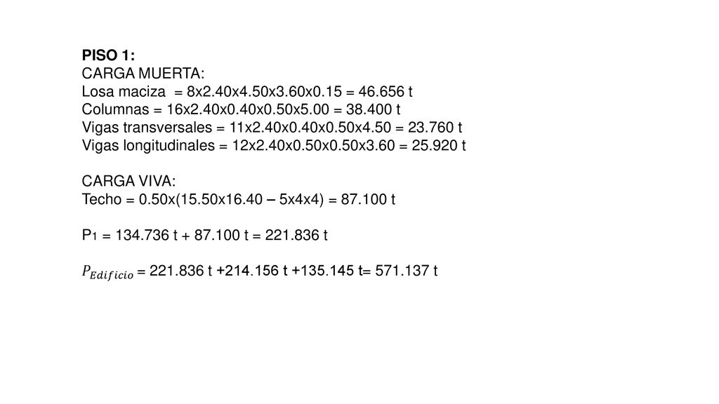 PISO 1: CARGA MUERTA: Losa maciza = 8x2. 40x4. 50x3. 60x0. 15 = 46